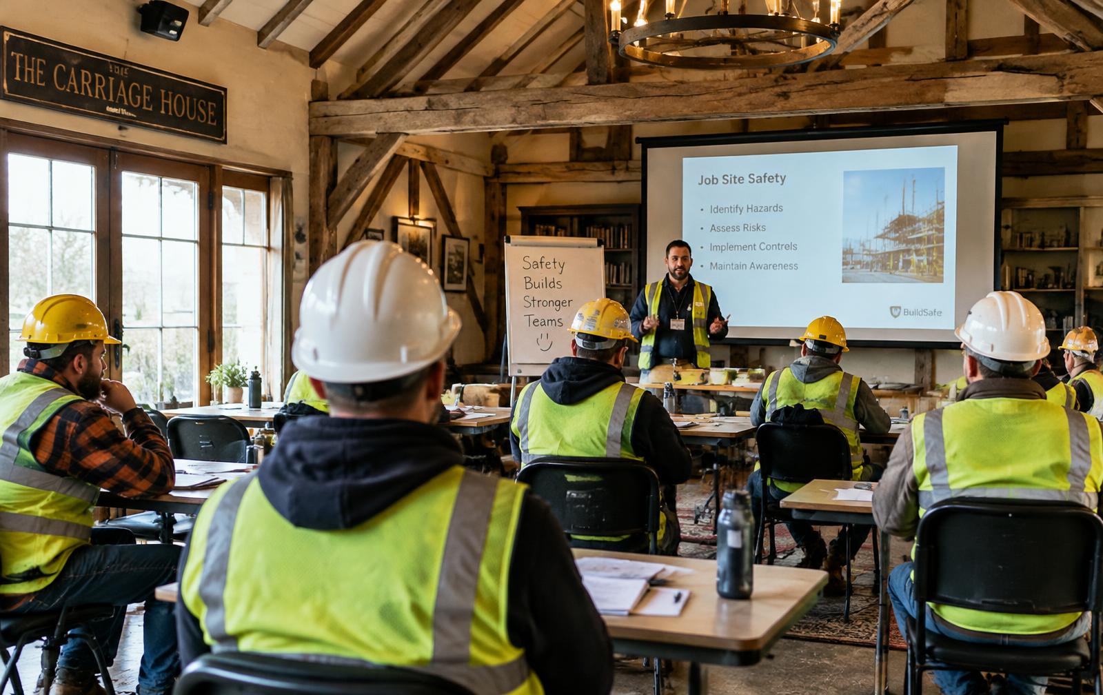 Trades workers in an OSHA class at the carriage house